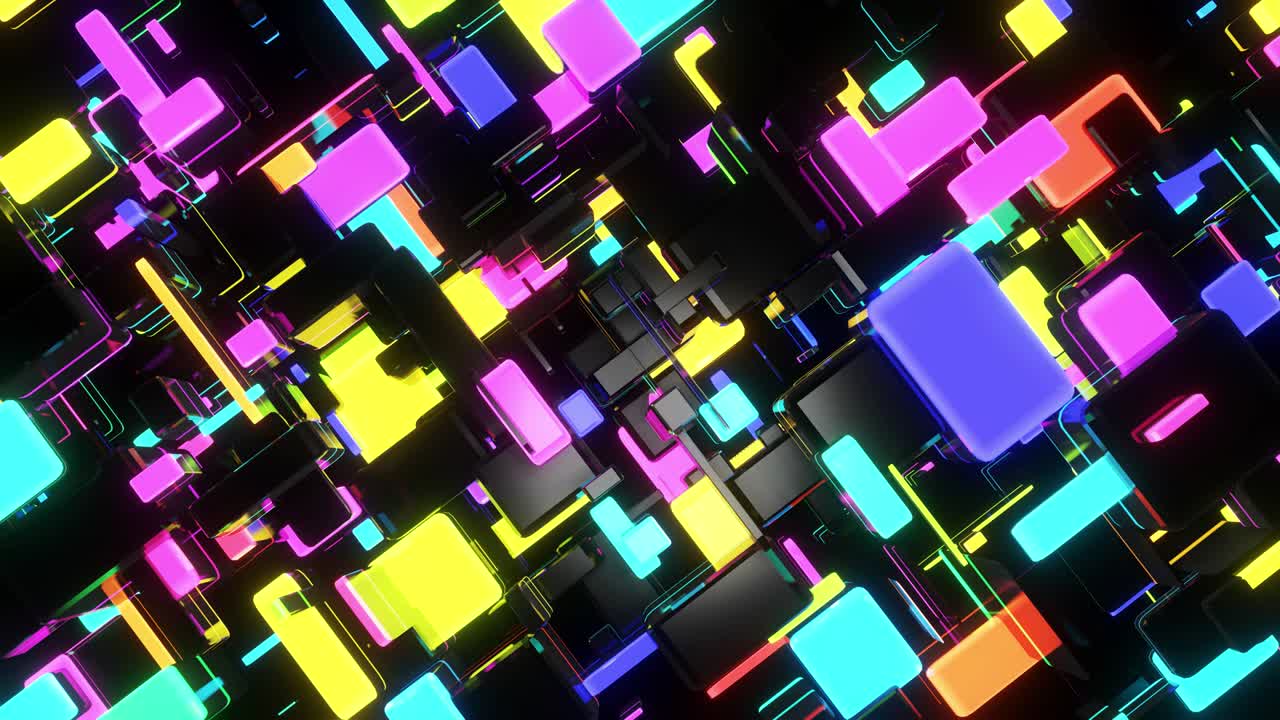 Dunkler Science-Fiction-Hintergrund. Abstrakter, geloopter 4K-Hintergrund mit dunklen Neonwürfel-Lichtern. Würfelnetzwerkbeleuchtung unterschiedlicher Größen mit mehrfarbigem Neonlicht, ähnlich einer Nachtstadt.