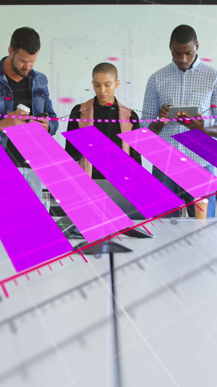Animation of financial data processing over diverse business people in office