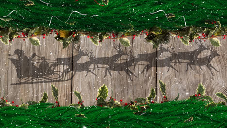 corona de navidad sobre santa claus en trineo siendo tirado por renos contra una tabla de madera