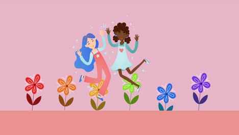 Animation-of-women-and-flowers-on-red-background