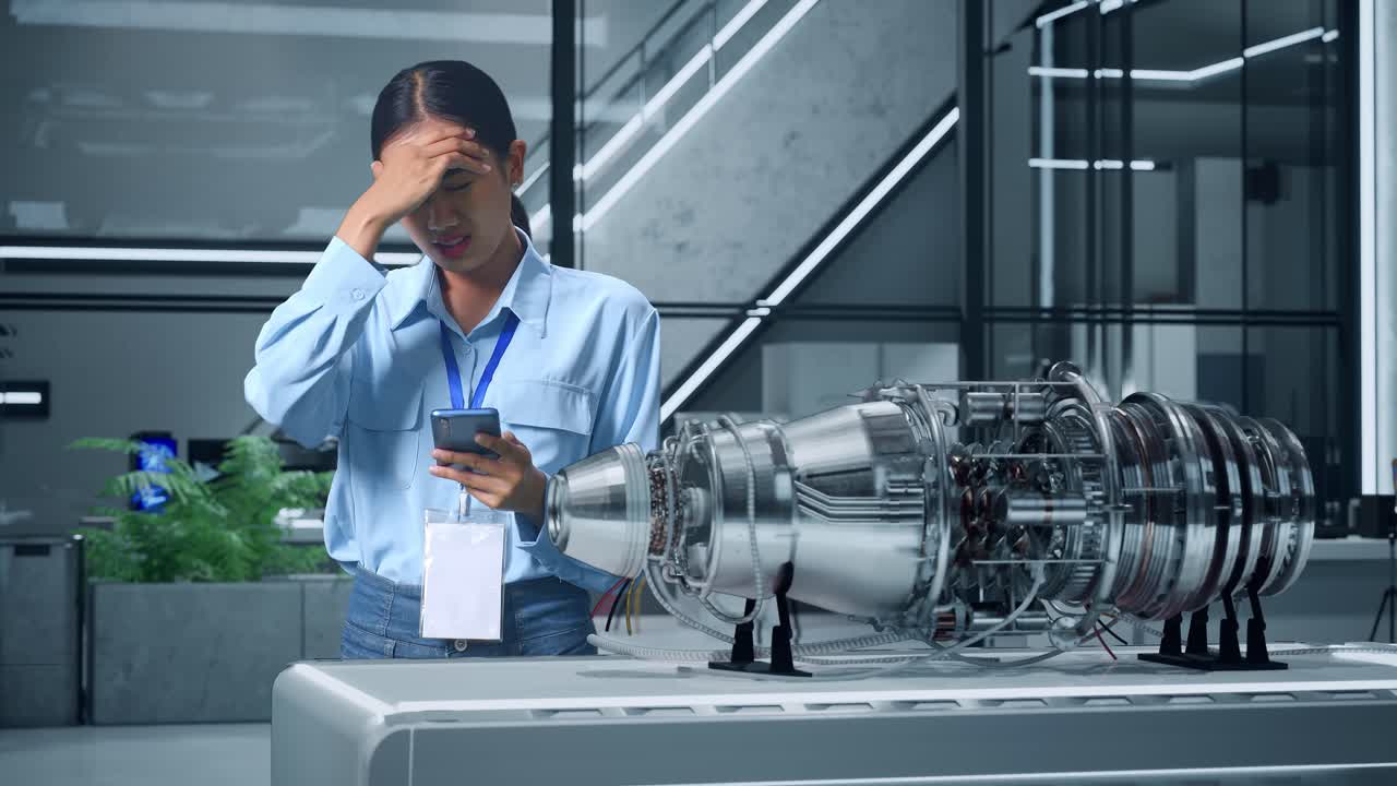 좌절된 엔지니어가 제트 엔진 데이터를 조사하고 있습니다.