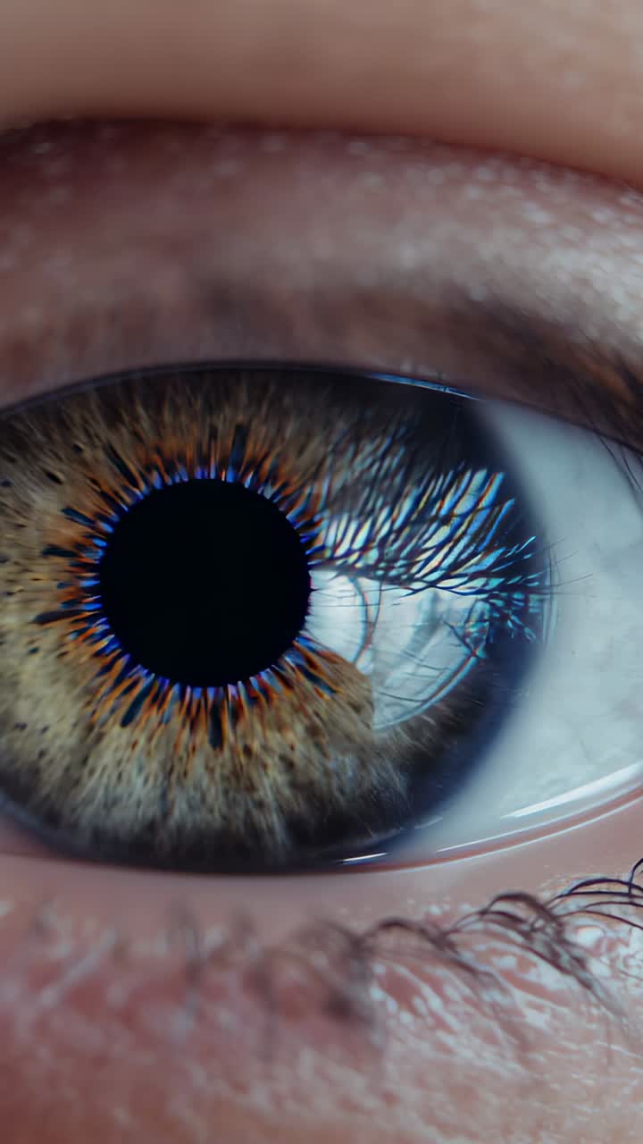 Video verticale: occhio che si apre mentre l'obiettivo si avvicina, pupilla che cambia e iride che si riscalda con un riflesso della finestra