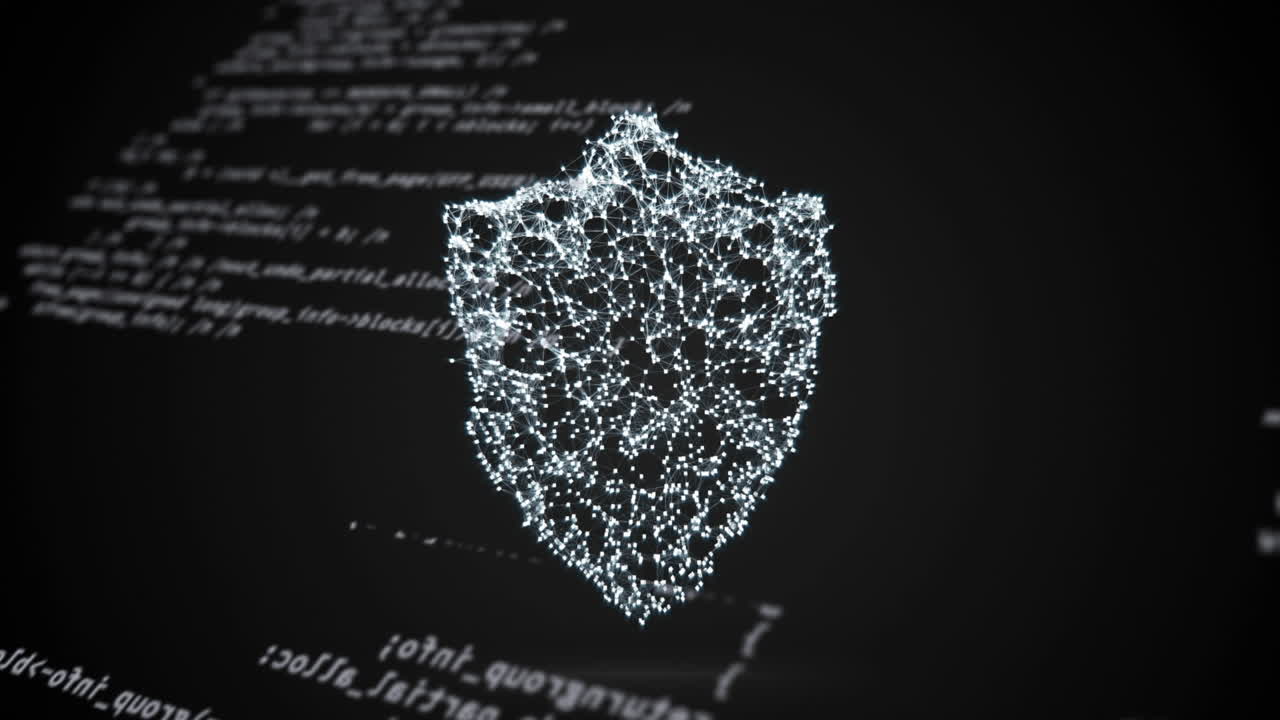 Animation of web of connections over scientific data processing on black background