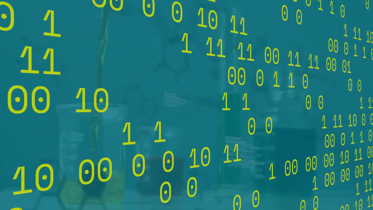 Animation of binary codes, molecule structures, computer language, liquid getting poured in beaker