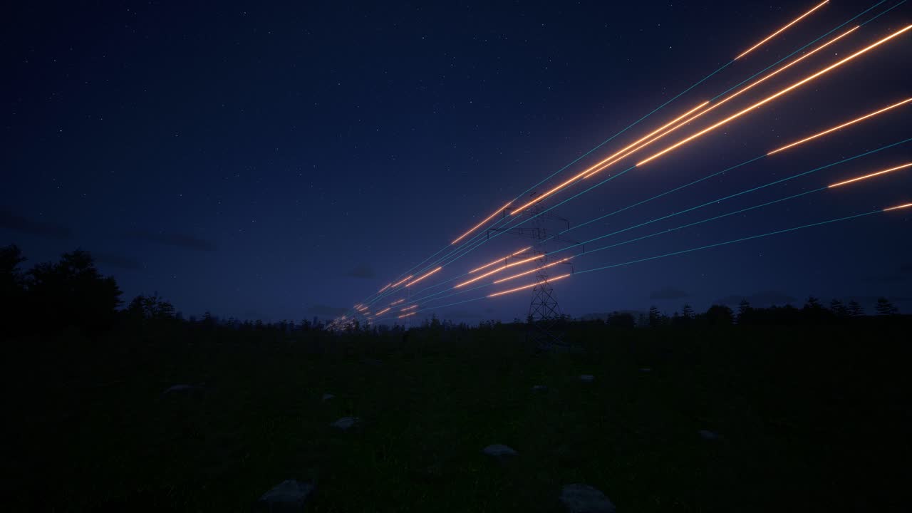 Pylône à haute tension avec des lignes électriques illuminées par des traînées d’énergie la nuit