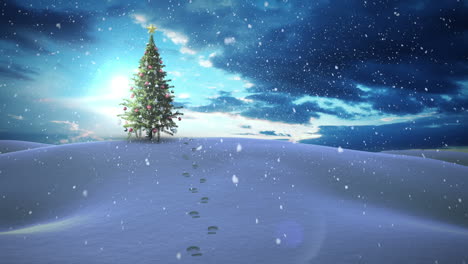 Snow-falling-christmas-tree-in-snowy-landscape