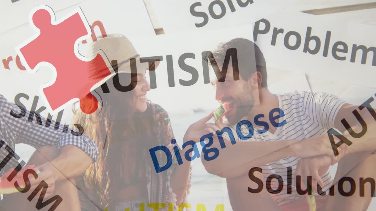 여름 해변 파티에서 행복한 친구들 위에 다채로운 퍼즐 조각과 자폐증 텍스트의 애니메이션