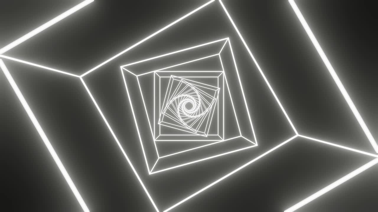 vuelo futurista en túnel con cubos brillantes de neón blanco en el espacio oscuro. concepto creativo minimalista fondo animado gráfico de movimiento