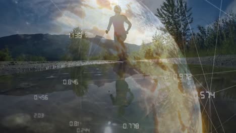 animation of glowing global network and data over woman running in countryside