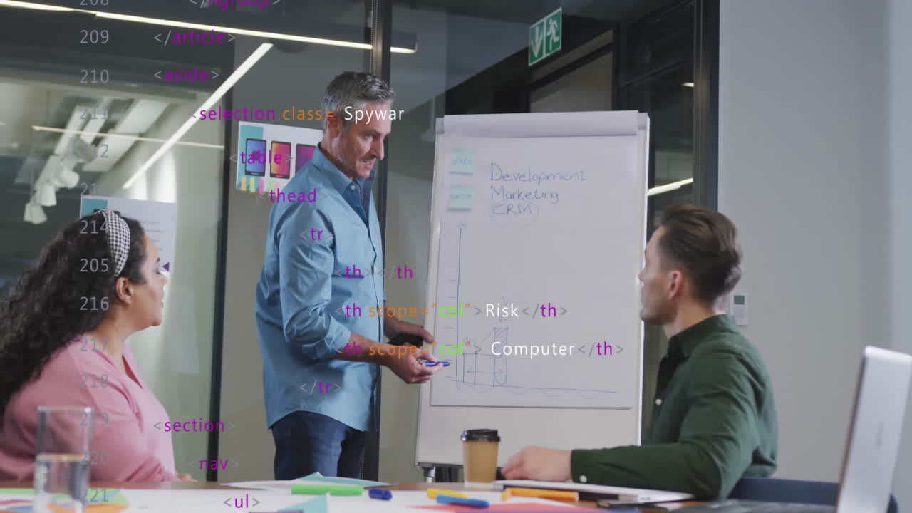 presentación de la estrategia de marketing, hombre en la pizarra con animación de codificación en la oficina