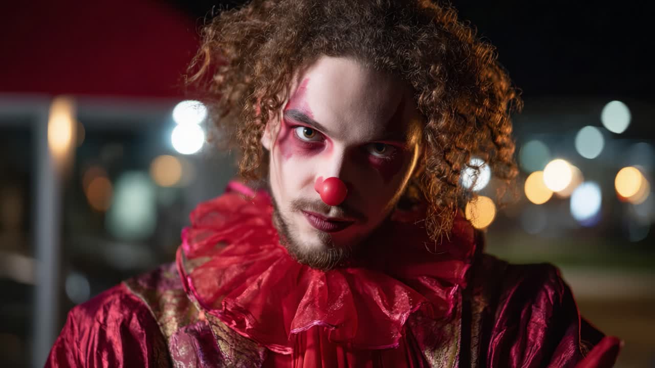 Un clown misterioso fissa intensamente la fotocamera, creando un’atmosfera inquietante con costumi rossi e neri e un’illuminazione drammatica sullo sfondo