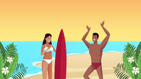 summer beach seascape scene with couple surfers