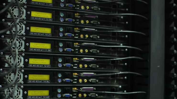 Server rack with cables attached to panel switch ports, Wayback machine internet archive library, Panning shot