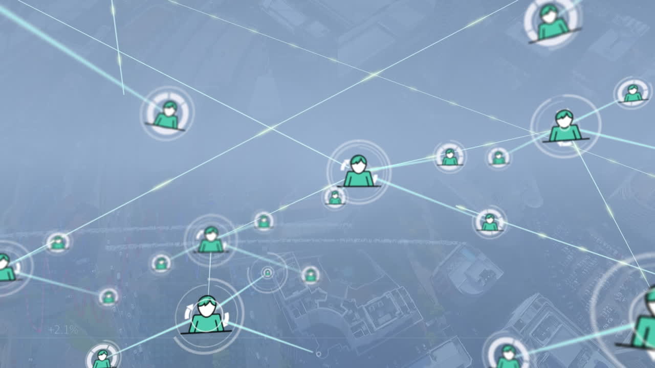 아이콘과 데이터 처리를 통해 도시 풍경에 대한 연결 네트워크의 애니메이션