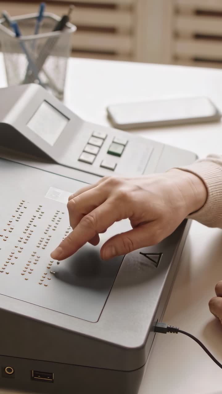Video verticale: Mano che si libra e poi si posiziona in una manica beige, leggendo un display Braille alla scrivania.