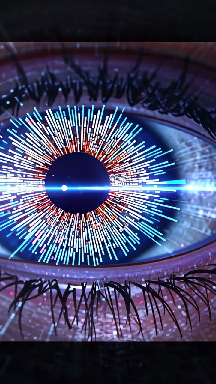 Vertical video: Showing eye in studio with HUD overlay appearing and beam scanning pupil for scan