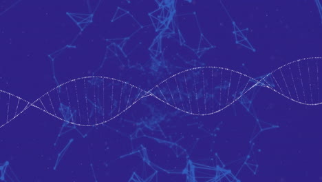 animación de cadena de adn sobre estructuras moleculares abstractas en fondo azul