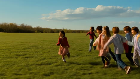 children joyfully running and playing in a green field