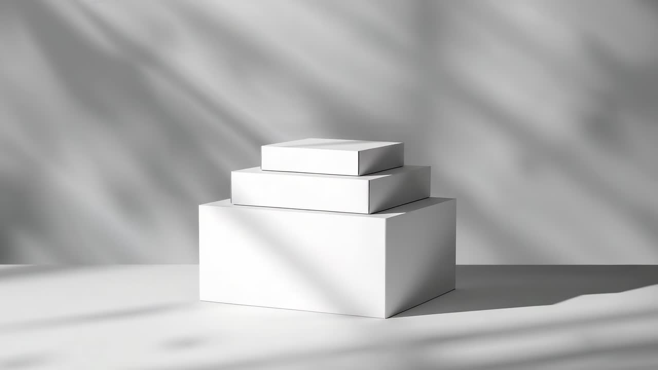 Starting with still display, stacked white boxes rotating on tabletop revealing right-side faces