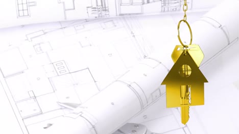 animación de llaves de casas colgantes doradas contra dibujos arquitectónicos giratorios