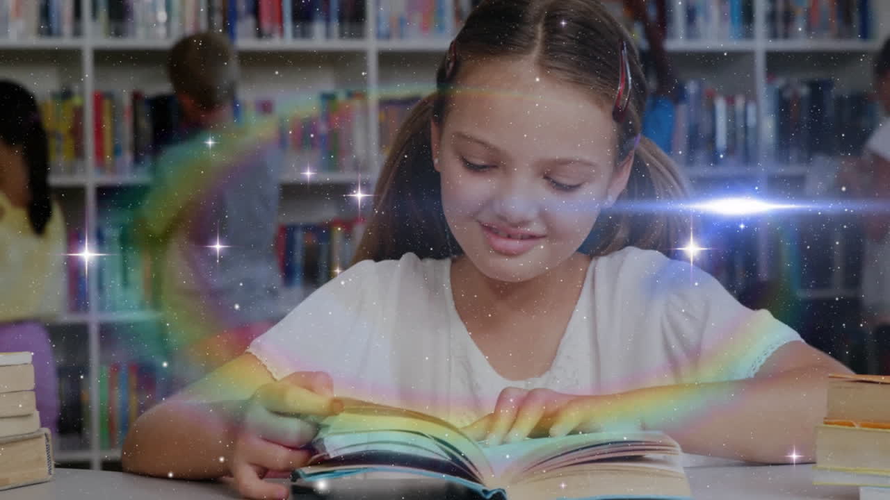 Young girl reading book with magical rainbow and sparkles animation overlay