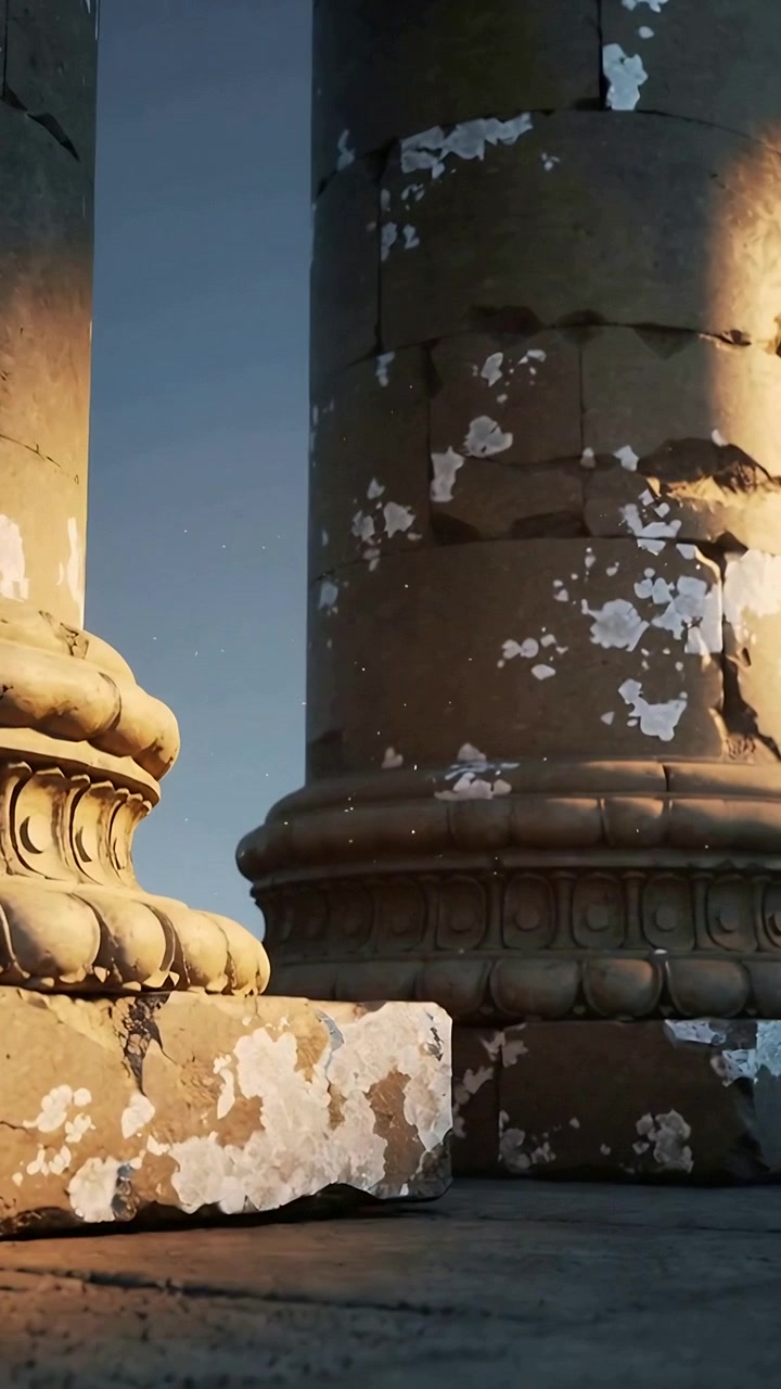 Video verticale: Panoramica della telecamera su colonne di pietra consumate tra le rovine, che rivela basi scolpite e polvere.