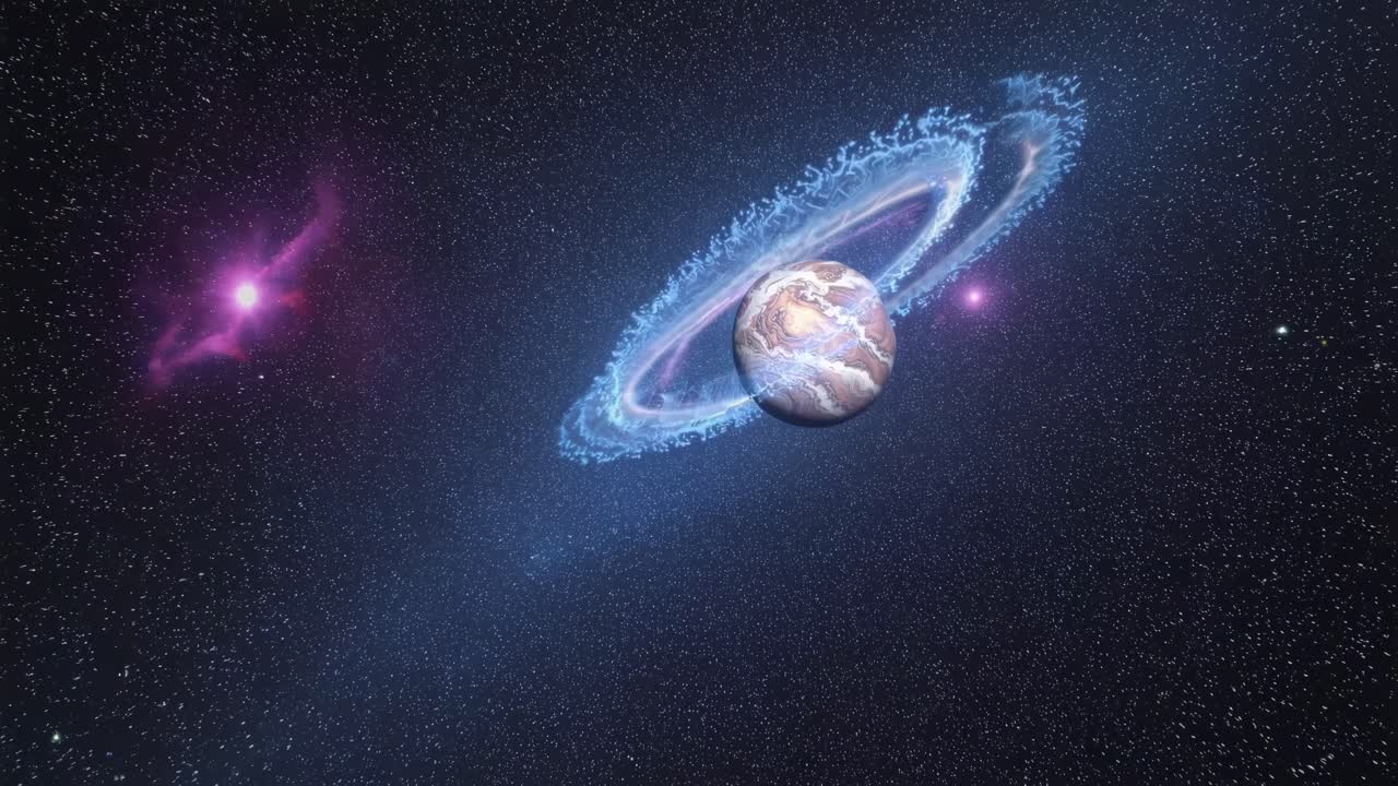 Una scena video cosmica di un pianeta con anelli luminosi, vista da una prospettiva grandangolare, impostata