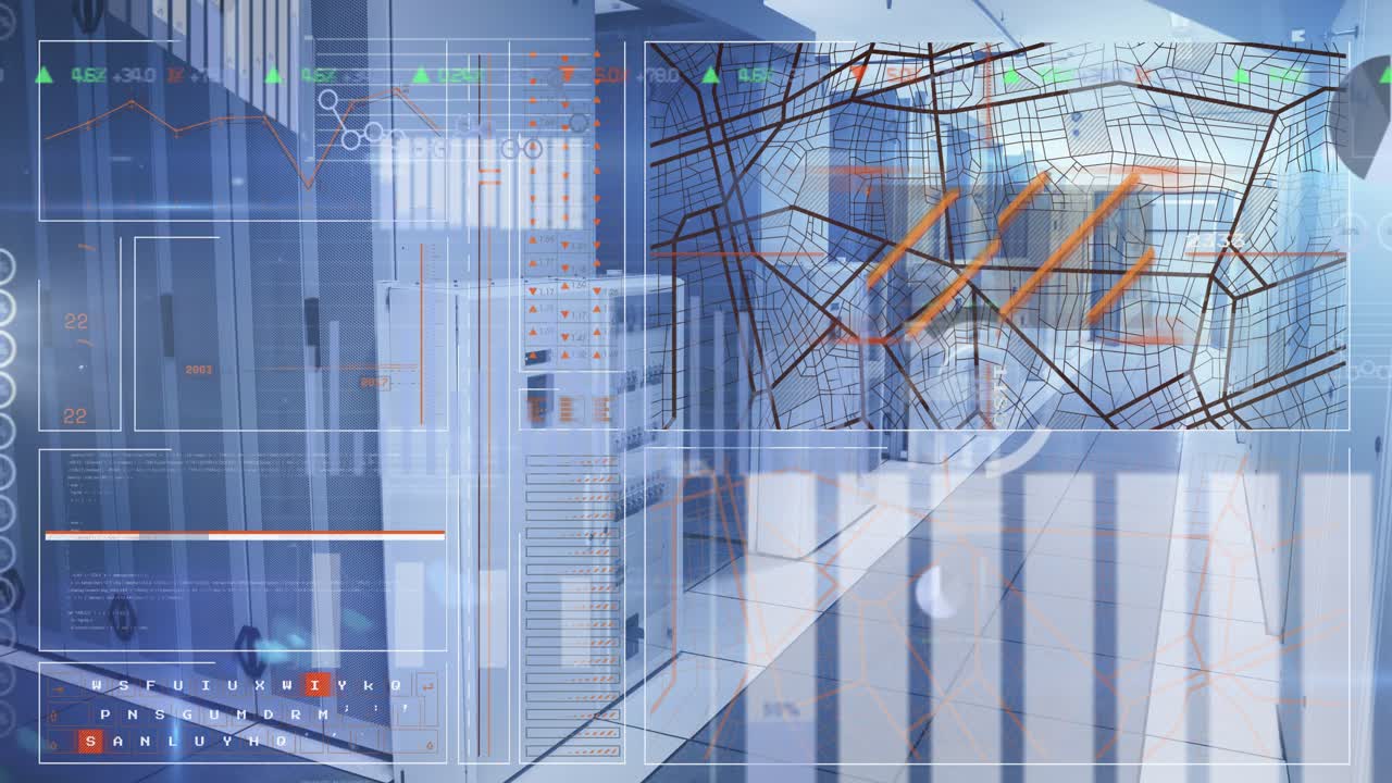 Animated data flows through a network in a glowing server room