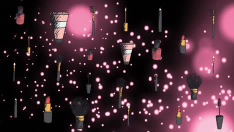 animation of makeup products over white spots of light on glowing pink background