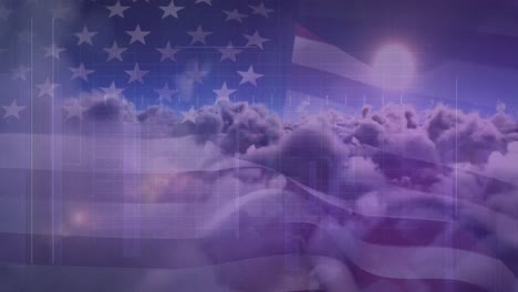 animation of data processing over clouds and flag of america