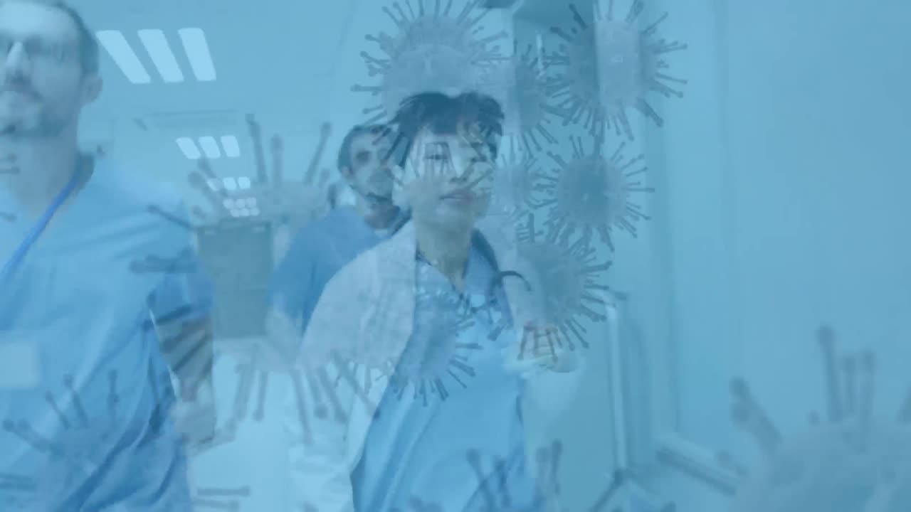 клетки ковид-19 двигаются против команды врачей, бегущих в больнице.