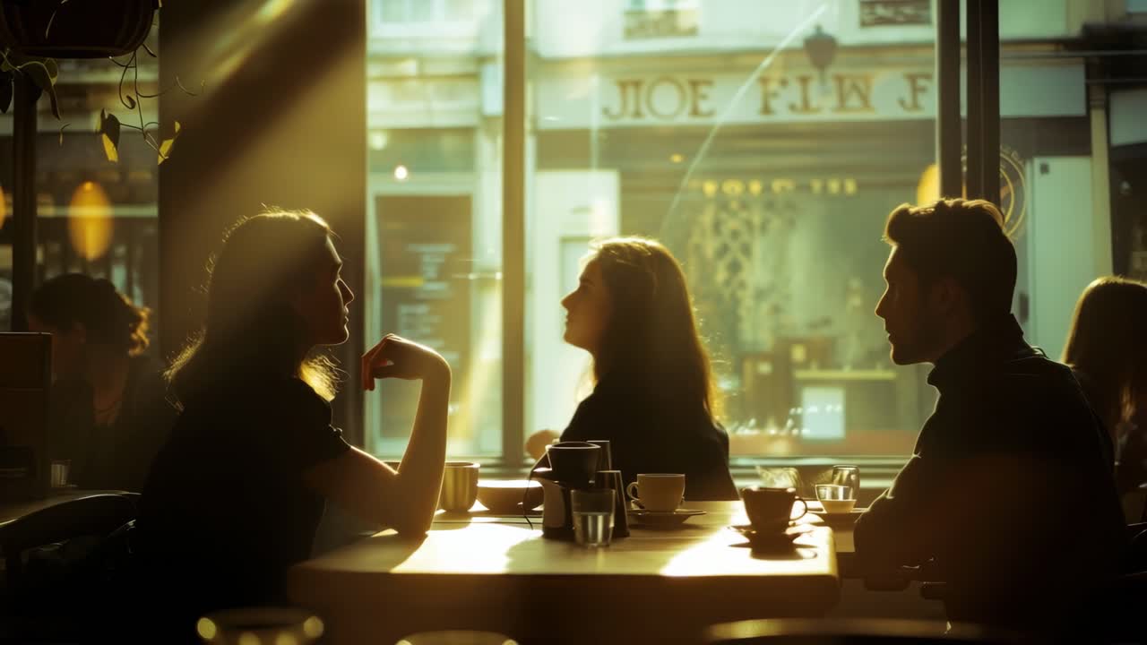 Una scena accogliente in un caffè con amici che chiacchierano, catturata in una luce calda e soffusa.