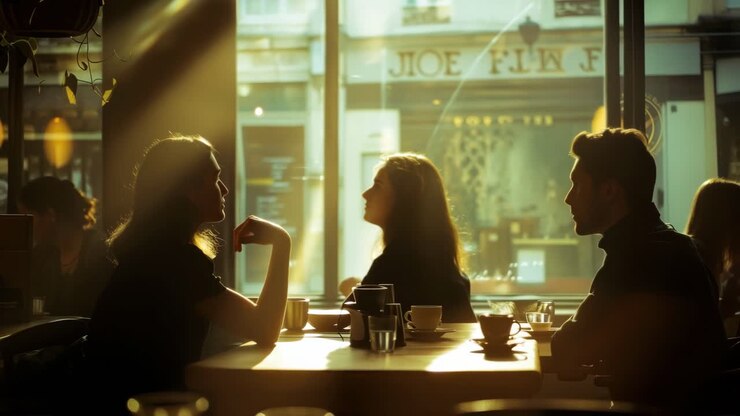 A cozy cafe scene with friends chatting, captured in warm, soft lighting