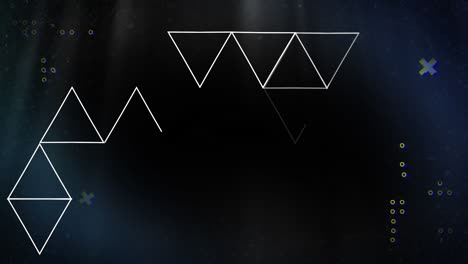 animation of white line triangles, dots and crosses, moving on black background