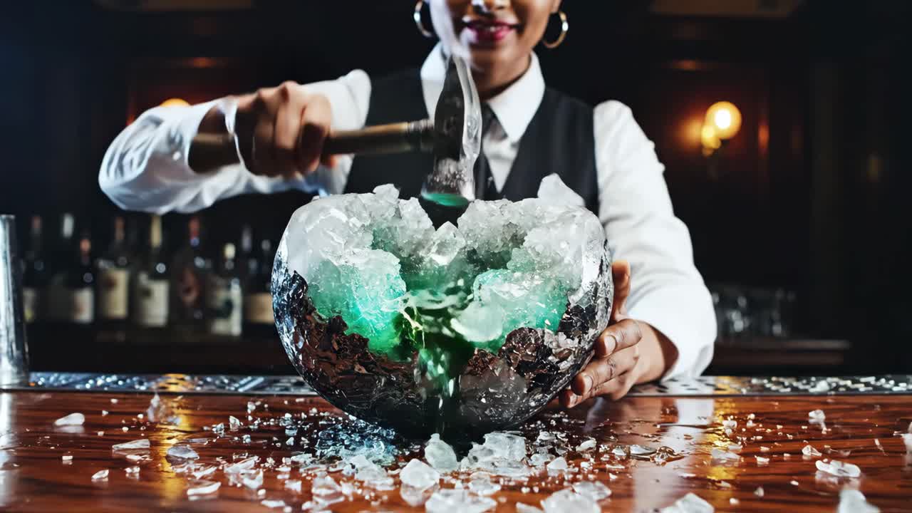 Bartender Breaking Open Geode Ice Ball for Cocktails