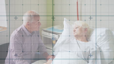 animación de la red verde sobre una pareja de ancianos caucásicos hablando en la cama del hospital