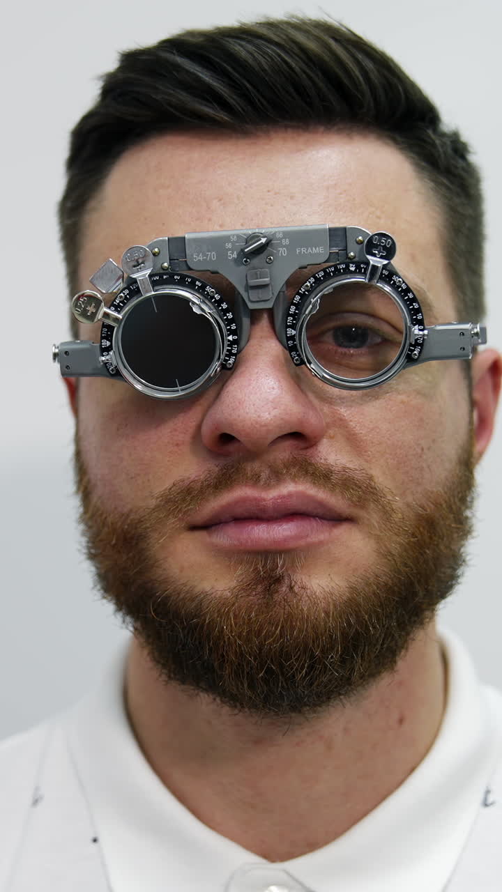 Facial portrait of a man in trial frame. Young handsome bearded man in medical glasses for testing eyes looking on camera. Optical concept. Vertical video