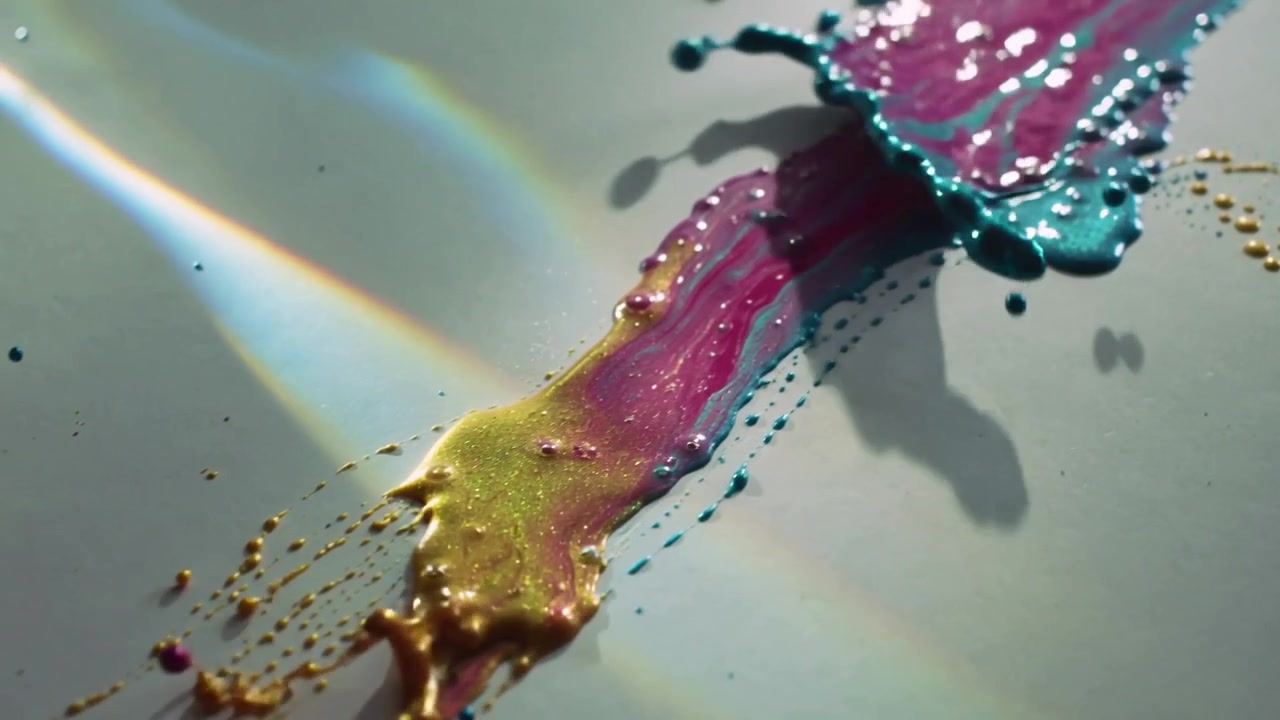 Una pozza d'oro che spinge una macchia magenta-verde acqua che si diffonde su un pannello chiaro, rilasciando goccioline per tensione