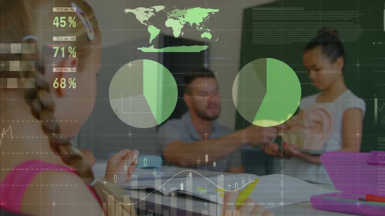 animación de la interfaz infográfica sobre diversos maestros que explican el proyecto a una niña en el aula