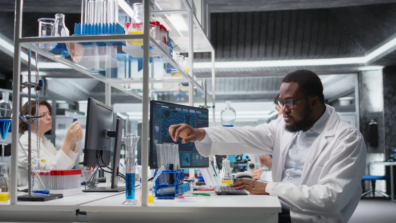 Medical Lab Technician Investigates Blue Liquid Chemical Sample Properties