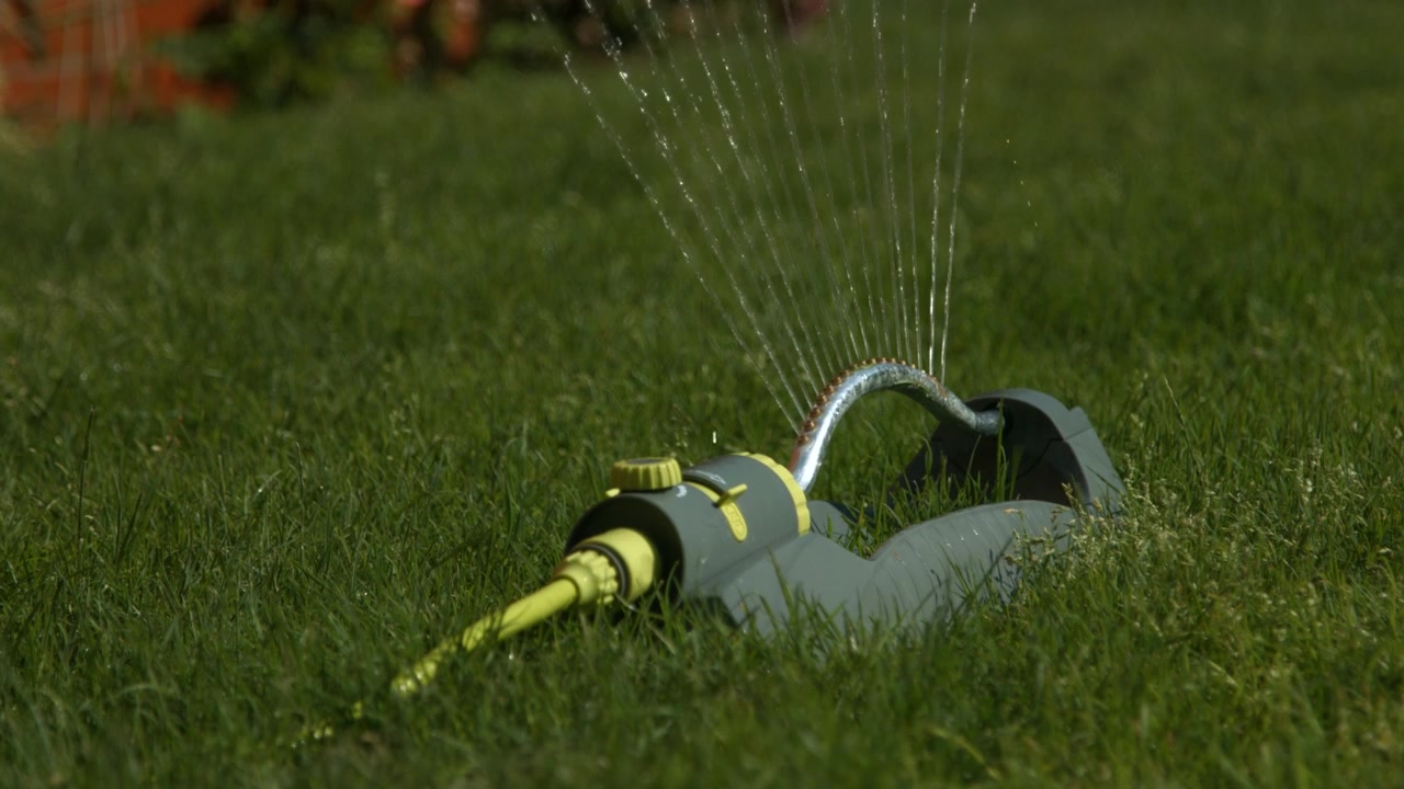 Un irrigatore d'acqua in un grande giardino verde