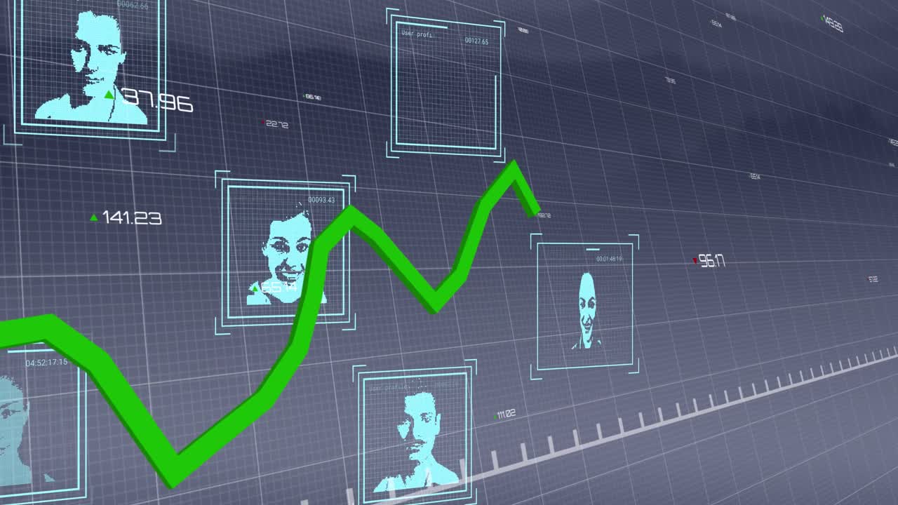 animación de la línea verde y procesamiento de datos financieros sobre fotos biométricas.