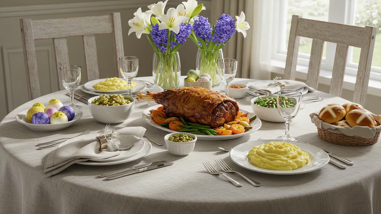 A Beautifully Set Dining Table Featuring a Succulent Roast, Colorful Vegetables, and Elegant Centerpieces Creating a Warm and Inviting Atmosphere for Gatherings