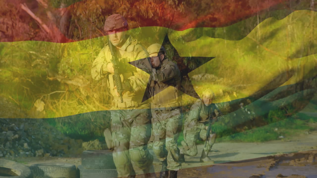 Patrolling soldiers with Ghana flag animation in vibrant outdoor setting