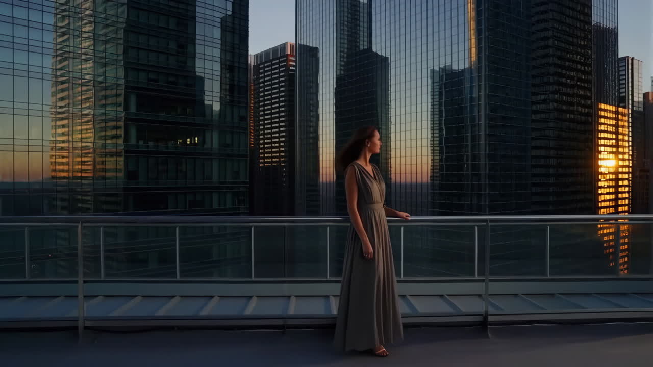 Woman on a rooftop with city buildings at sunset