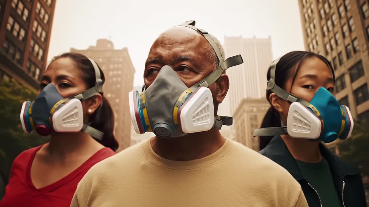 Three Individuals Wearing Protective Masks in an Urban Environment Highlight the Importance of Safety and Health Awareness in Challenging Conditions
