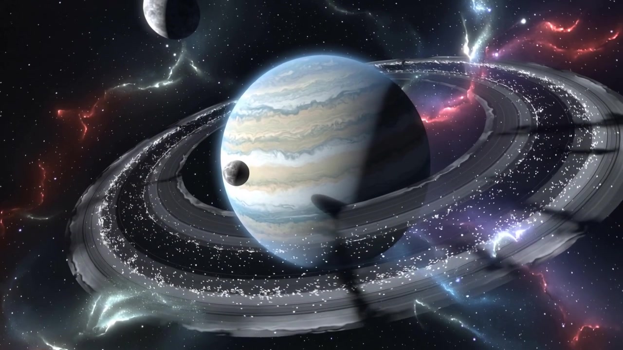 Orbiting small moon initiating transit, ringed gas giant casting shadow on rings, nebula flickering