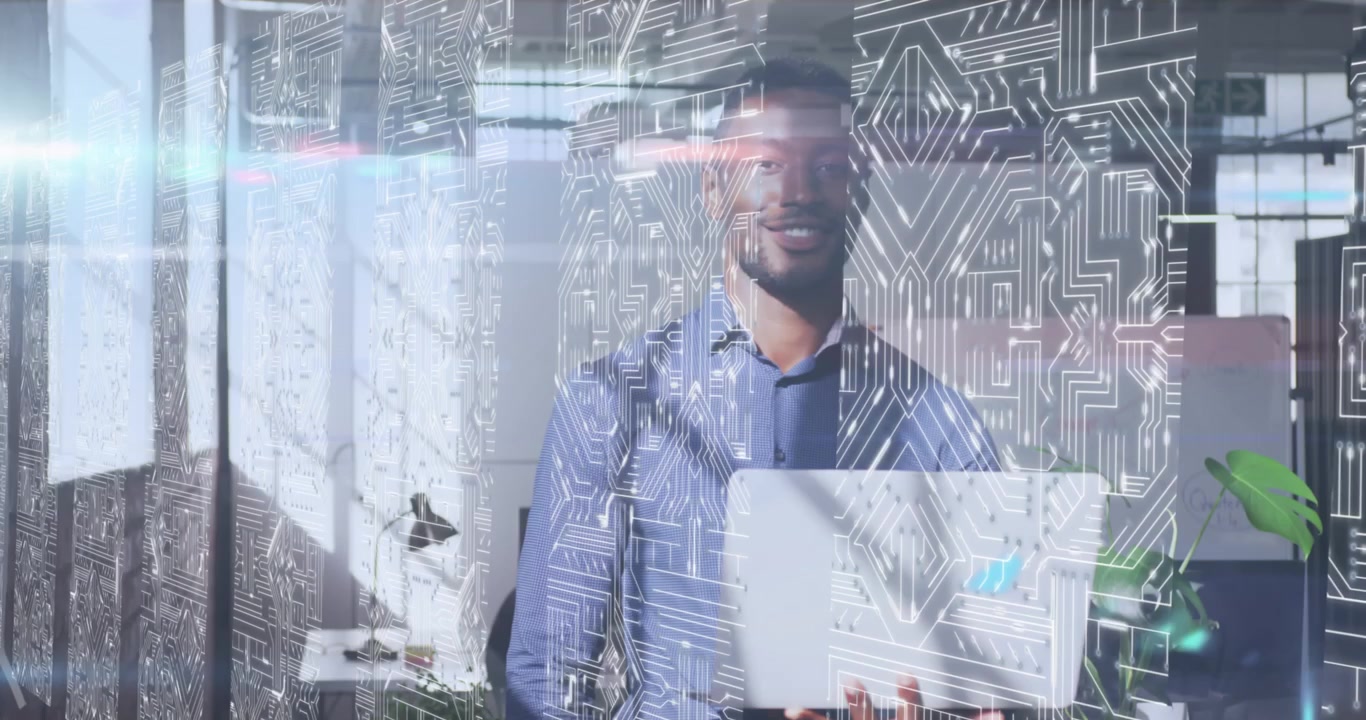 Animation of lights over african american men in server room