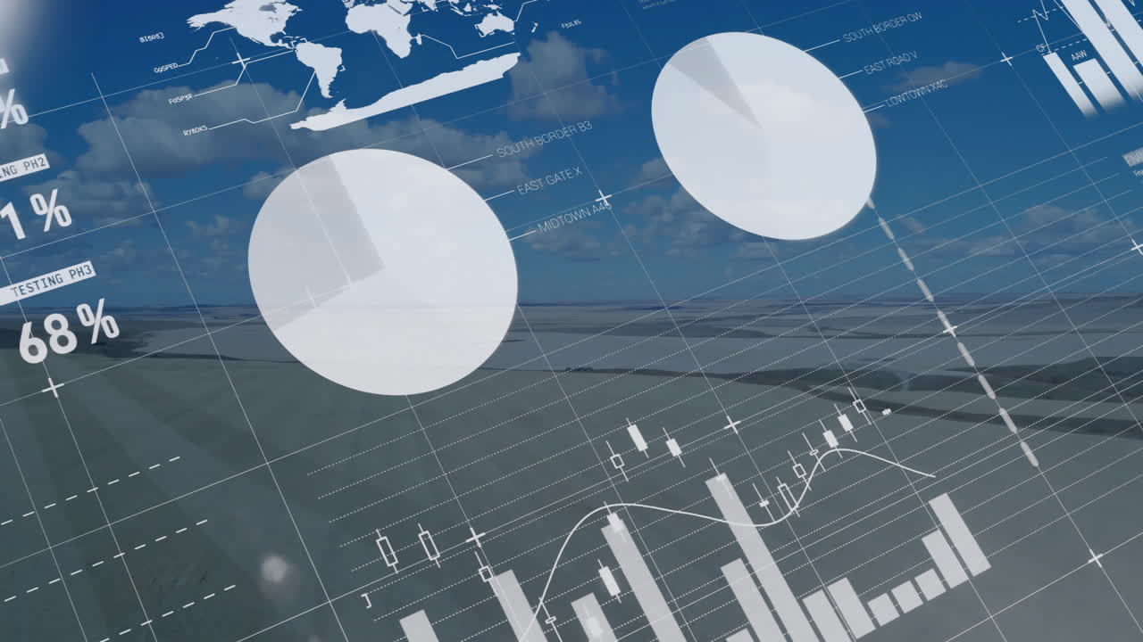 3D render analytics overlay floating over open runway showing pie charts, bar chart and map