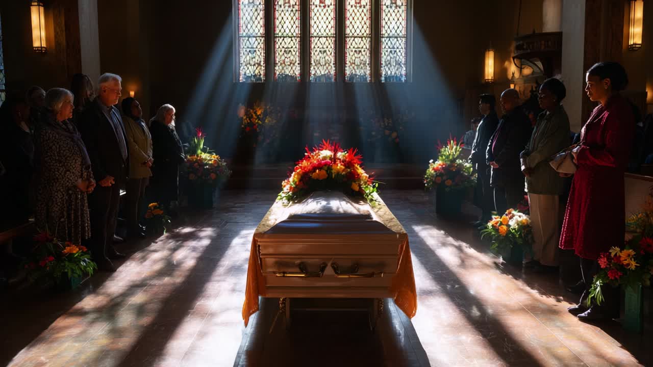 A somber and reflective gathering in a beautifully illuminated space, capturing the emotional essence of remembrance as loved ones come together around a floral-adorned casket, honoring a cherished life
